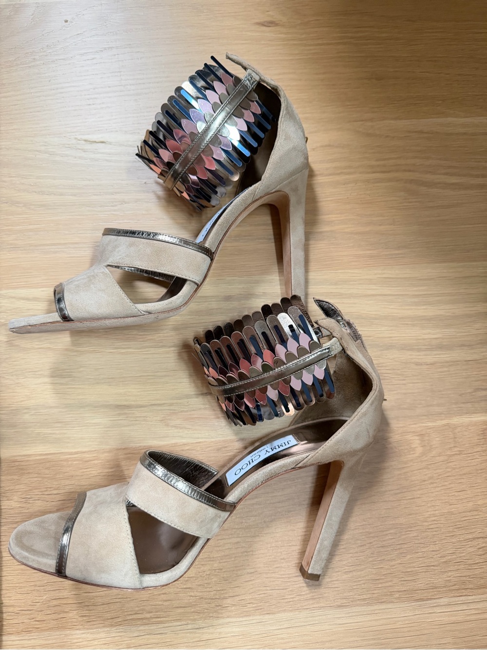 Jimmy Choo Beige Suede Heels with Multicolor Metallic Ankle Cuff
